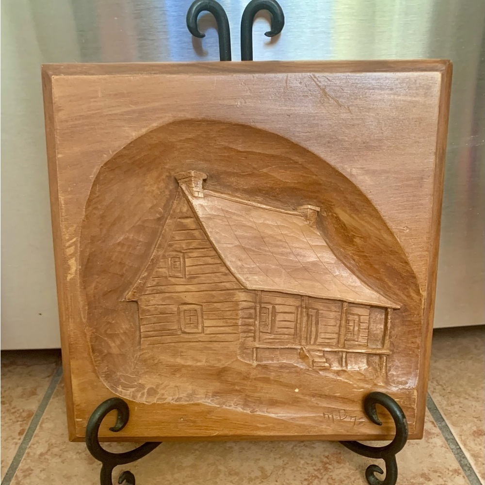 Vintage Wooden Hand Carved Art Plaque 9/9 Inch